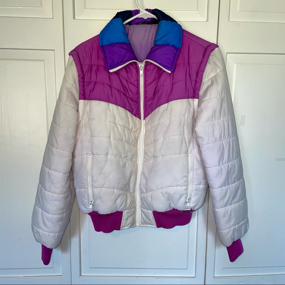 Vintage Retro Jacket Zip off Vest Puffer 80's White Purple Convertible Unique - Picture 14 of 14